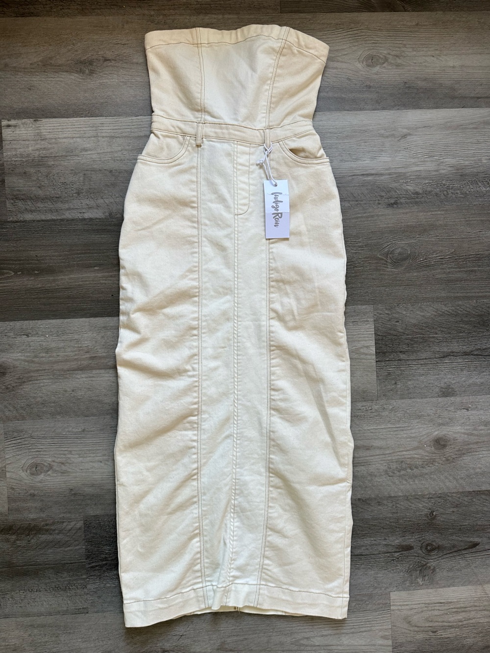 ✨ NWT Indigo Rein Strapless Two-Tone Cream Denim Midi Dress